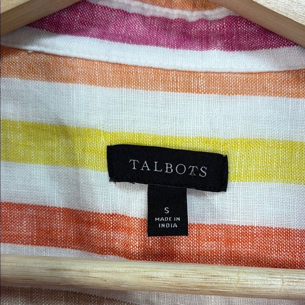 🌋 Talbots Striped linen Blouse  Long Sleeves yellow white orange tan pink blue: - Picture 2 of 4